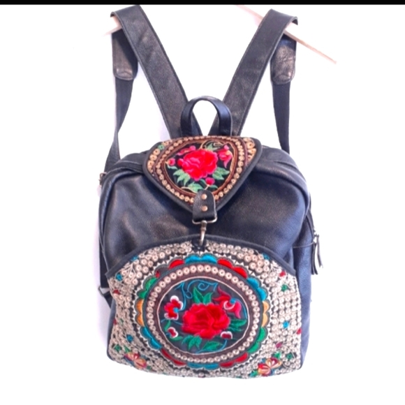 unbranded Handbags - Embroidered Boho Leather Backpack